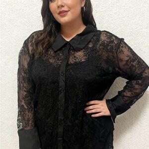 Elegant Black Lace Button-Up Top